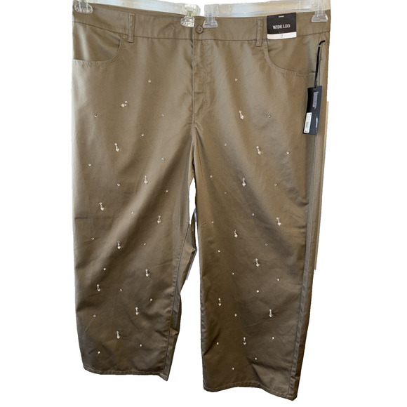 Future Collective Wide Leg Mid-Rise Olive Embellished Pants Size 24 - Picture 2 of 12